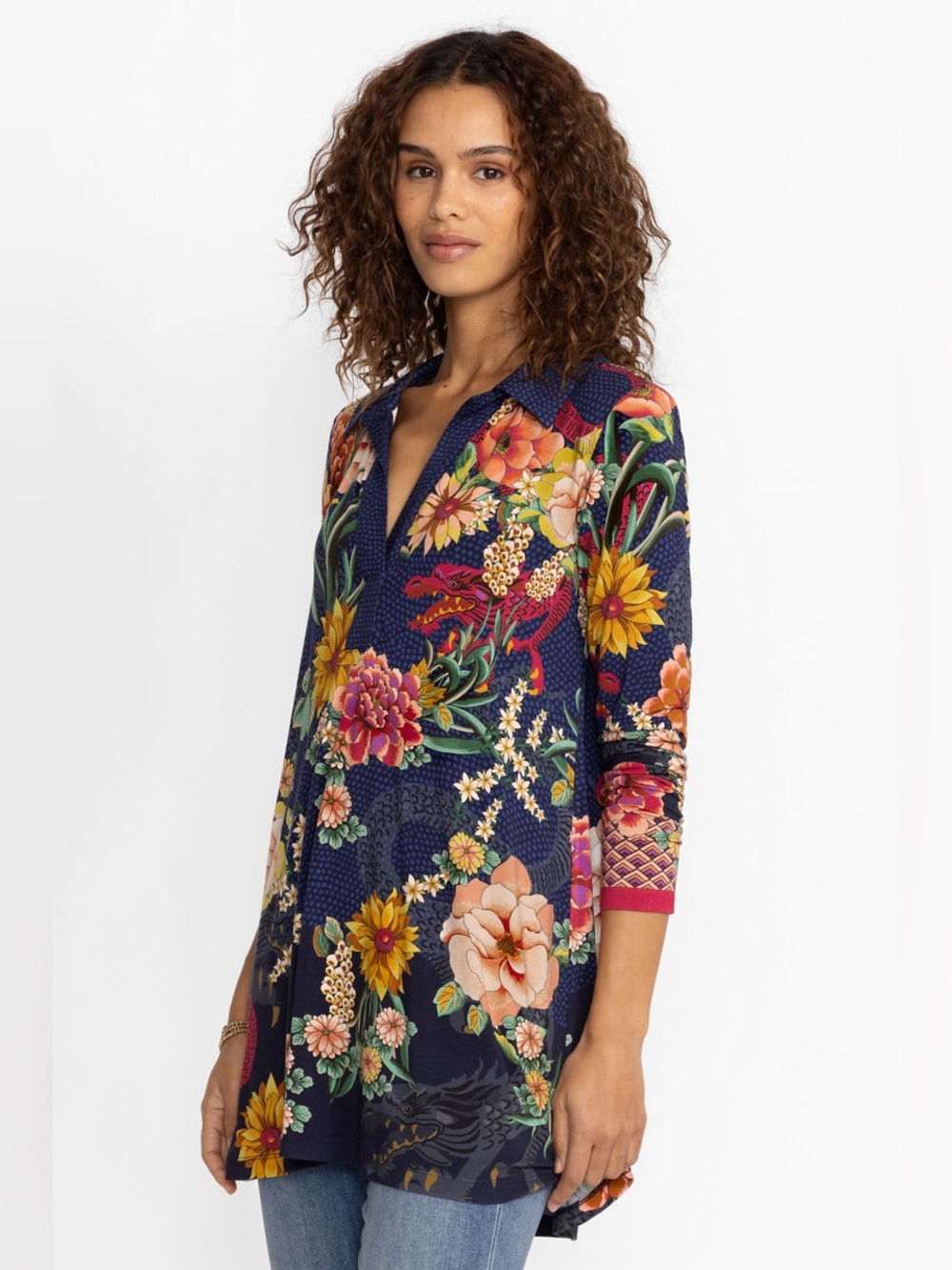 Johnny Was The Janie Favorite Long Sleeve Polo Swing Tunic in Blue Floral XXS - Picture 3 of 10